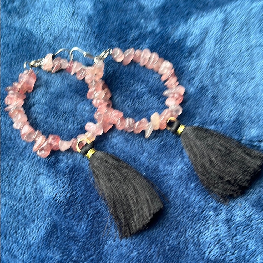 Rose Quartz Beaded Hoop Earrings with Black Tassels